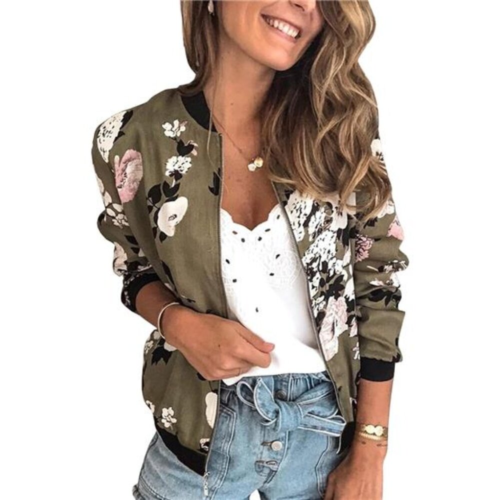 Womens Floral Bomber Jacket Camo Zip Up Lightweight Casual Windbreaker with Pock